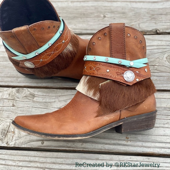 Sz 40 Saddle Tan Ankle Bootie Boots Fur Cowgirl - Picture 4 of 8